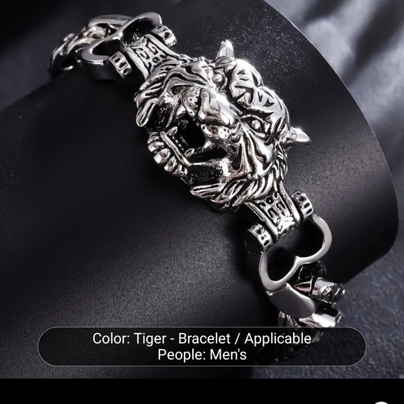 Men's Stainless Steel Silver Tiger Head Bracelet 8" - Picture 4 of 11